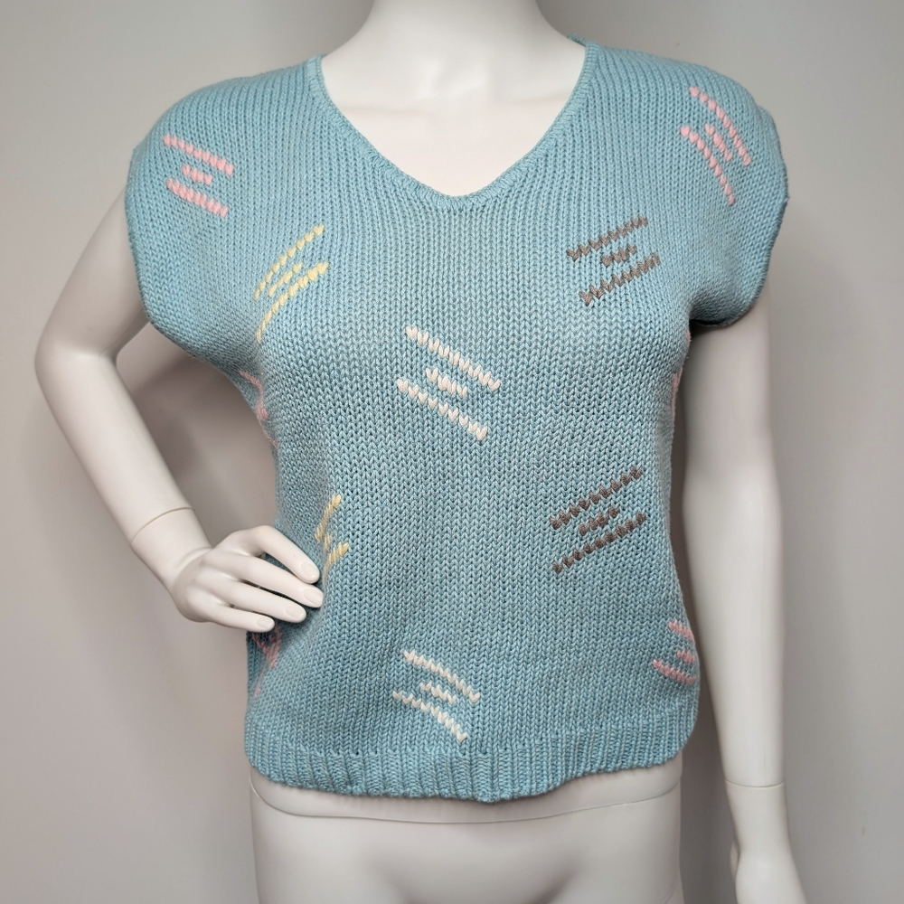 Vintage 70s 80s Sky Blue, Pink & Yellow Abstract Boxy Sleeveless V Neck Sweater